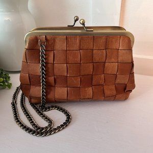 margot New York Weaved Tan/Brown Leather Shoulder Bag W/ Chain Strap
